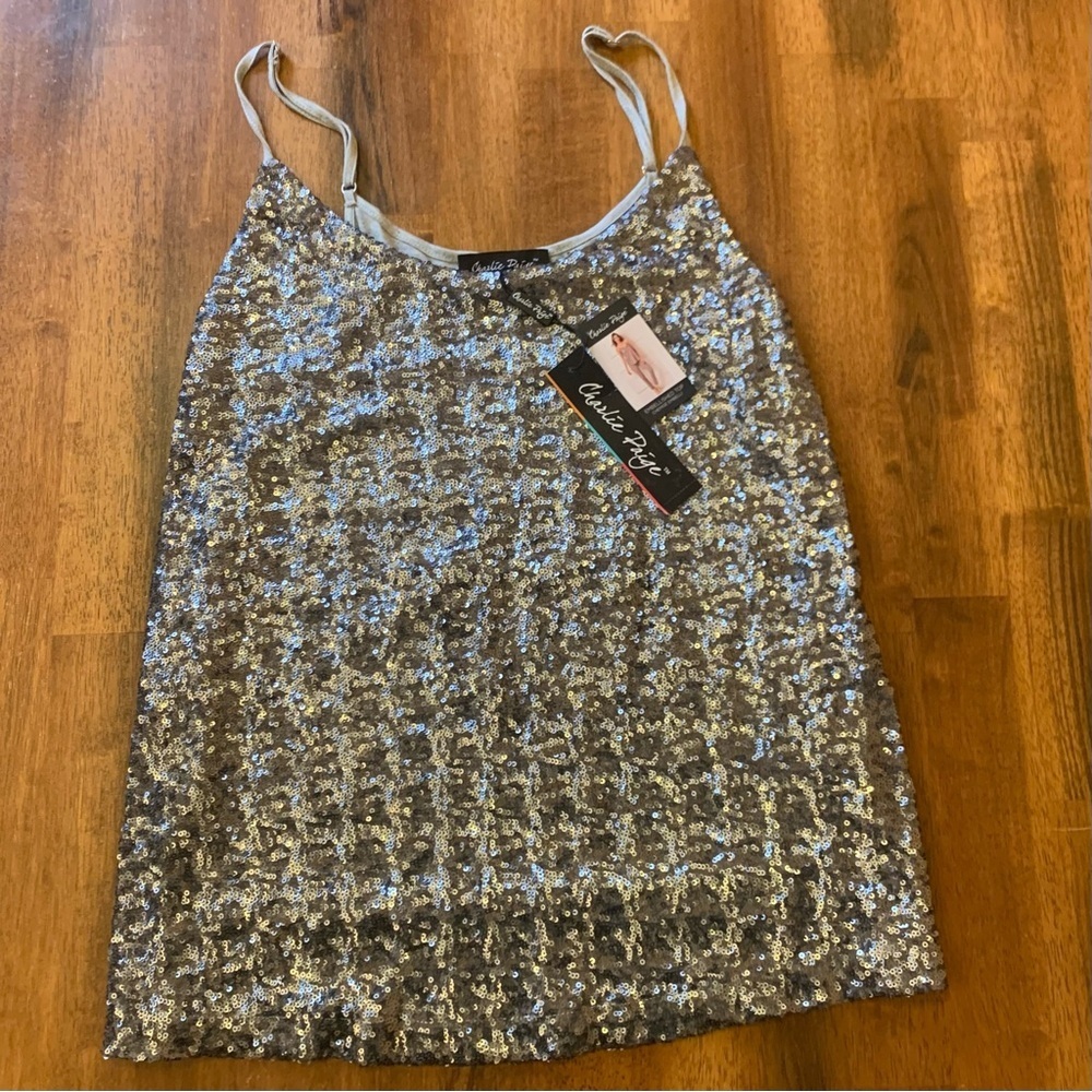 Charlie Paige NWT S/M Silver Gray Camisole Top Lined Adjustable Straps Elegant